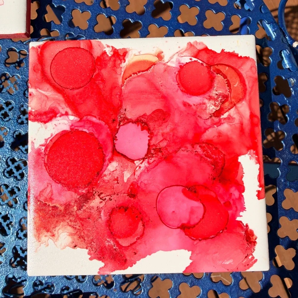 Red Alcohol Ink Coasters Set of 4, Abstract Ceramic Tile Decor